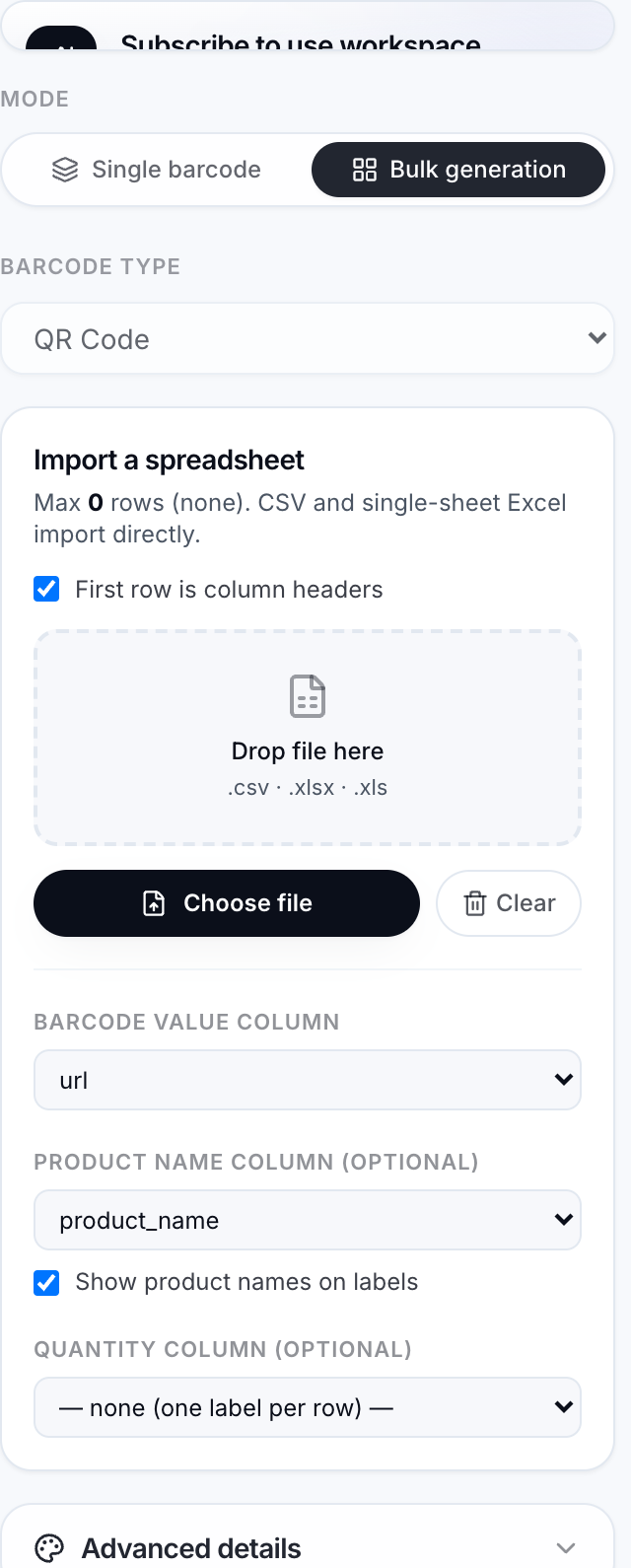 Zebralines workspace with Bulk generation mode selected