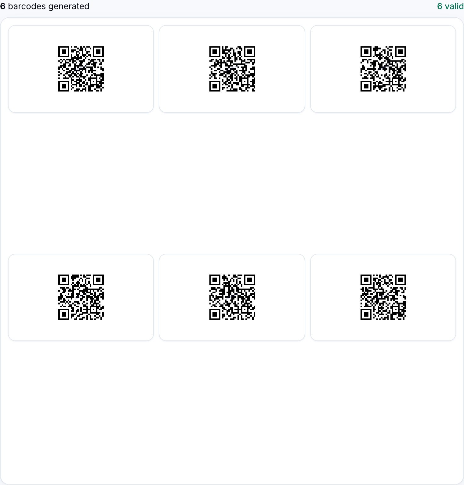 Preview grid showing generated QR codes from spreadsheet rows